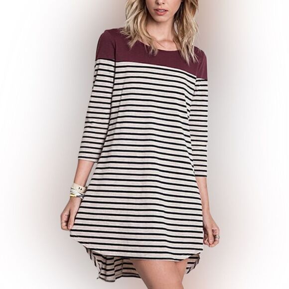 Umgee USA Wine Striped High-Low Tunic Dress Sz L - Picture 1 of 5